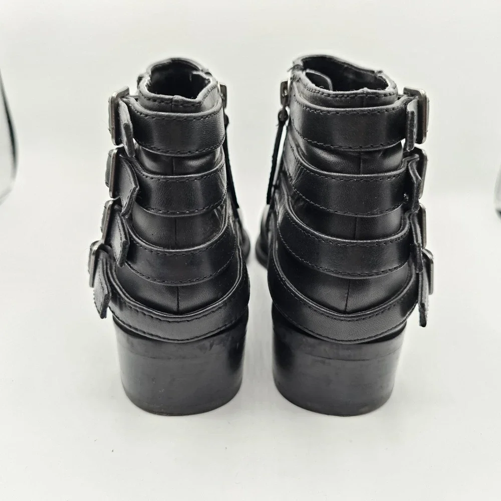Franco Sarto Cyan Boots Women 6.5 Black Leather Ankle Booties Buckles Block Heel